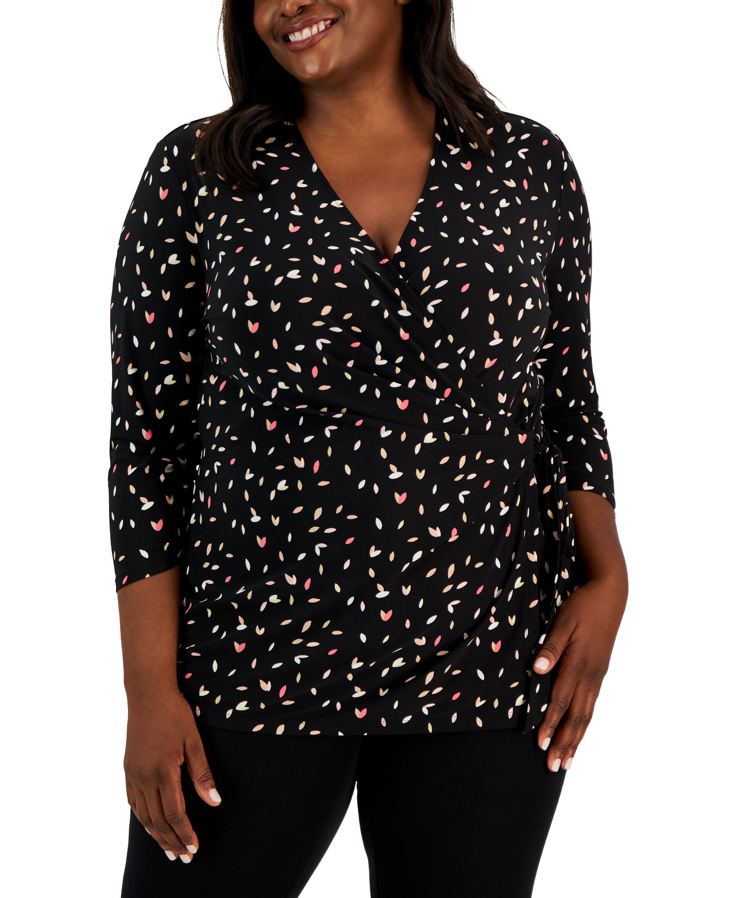 Plus Size Printed 3/4-Sleeve Wrap Top Anne Black Multi 0X